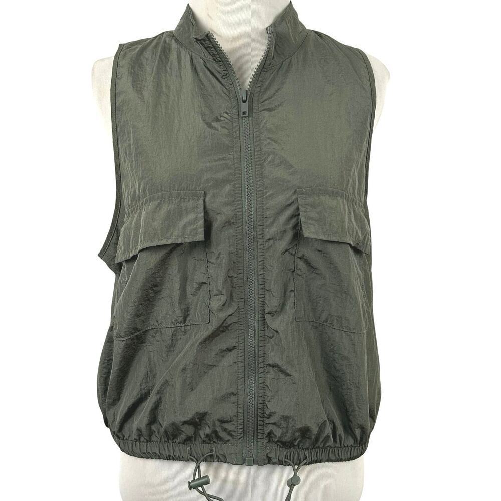 Utility Nylon Zip Front Vest Top Olive Green Cropped Drawstring Hem Womens L Y2K - Picture 1 of 8